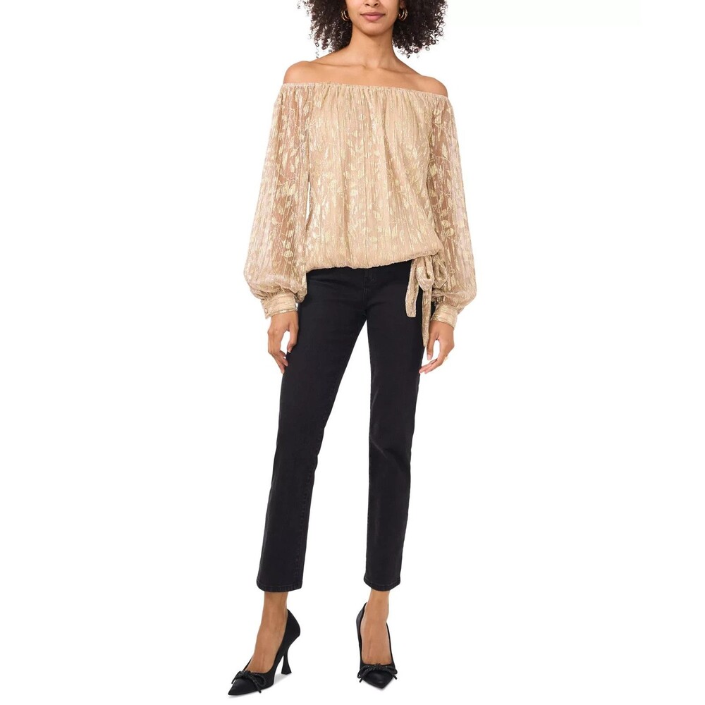 Vince Camuto Women’s Metallic-Print Off-the-Shoulder Tie-Hem Top (Gold, Size S)